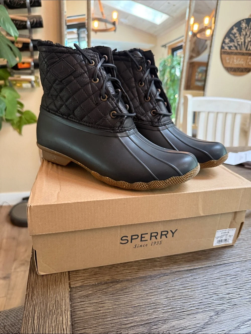 Sperry Black Quilted Lace-Up Duck Boots with Brown Soles